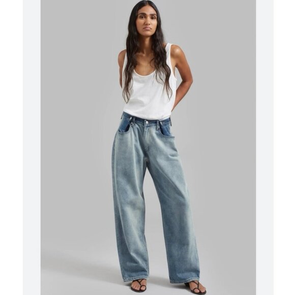 The Frankie Shop Hayla Contrast Denim Pants Light Wash Blue XS Small Wide Leg - Picture 1 of 8